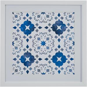 Amazon Brand – Stone & Beam Boho Blue and White Print Wall Art, White Frame, 14″ x 14″