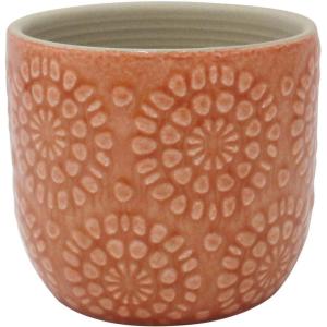 Amazon Brand – Stone & Beam Cylindrical Small Floral-Embossed Planter, 4.3″H, Arabesque Coral Pink