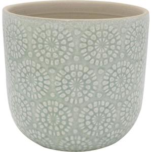Amazon Brand – Stone & Beam Cylindrical Small Floral-Embossed Planter, 4.3″H, Seafoam Green