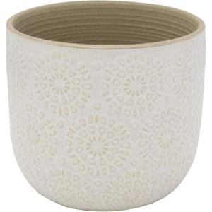 Amazon Brand – Stone & Beam Medium Floral-Embossed Cylindrical Planter, 6″H, Cloud Dancer White
