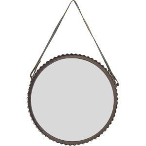 Amazon Brand – Stone & Beam Rustic Farmhouse Round Wood Iron Mirror with Faux Leather Strap – 22 Inch, Black Metal