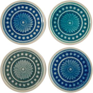 Amazon Brand – Stone & Beam Medallion Round Stoneware Tile Coaster Set – Set of 4, 4.25 Inch, Teal and Blue