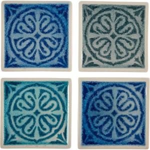 Amazon Brand – Stone & Beam Medallion Square Stoneware 4-Coaster Set, 4″ x 4″, Blue Multicolor