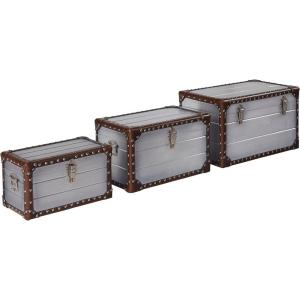 Amazon Brand – Stone & Beam Mid-Century Modern Storage Trunk with Leather Nailhead Trim – Set of 3, Silver