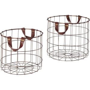Amazon Brand – Stone & Beam Modern Round Metal Wire Storage Basket with Faux Leather Handles – Pack of 2, Brown