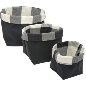Amazon Brand – Stone & Beam Reversible Plaid Canvas Storage Organizer Tote Set – Set of 3, Black / White