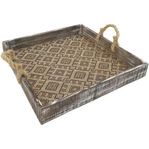 Amazon Brand – Stone & Beam Rustic Farmhouse Wood Serving Square Tray With Patterned Rattan and Rope Handles, Brown and Black, 15.75 x 15.75 x 4.75 in